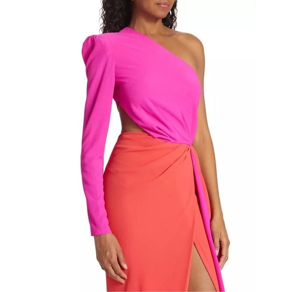Michael Costello Evelyn One-Shoulder Colorblocked Draped Gown - Picture 4 of 10